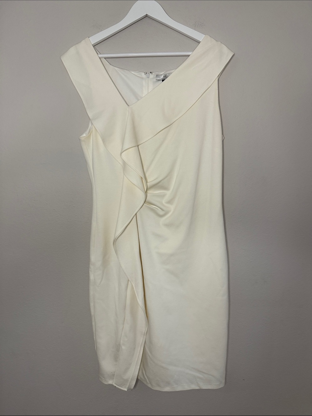 H by Halston Ivory Rayon Blend Asymmetric Ruffle Midi Dress - Sz. 12 - [BC0931]